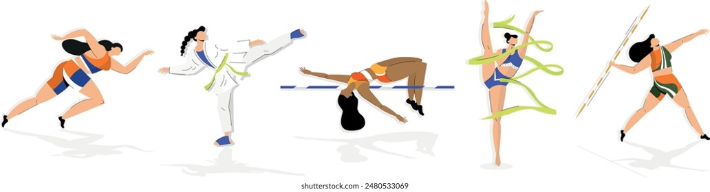 Illustration created in flat design representing 5 professional sportswomen each practicing a different discipline: a sprinter, a high jumper, a javelin thrower, a gymnast and a karateka. Each drawing