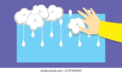 Illustration of creating an appliqué of clouds with rain using cotton wool and cotton buds. 