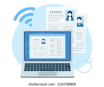 Illustration of creating and submitting a resume on a laptop. Online recruiting. Human resources recruitment and selection.