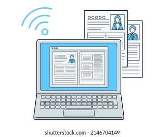 Illustration of creating and submitting a resume on a laptop. Online recruiting. Human resources recruitment and selection.