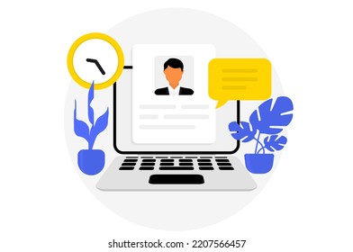 Illustration Of Creating And Submitting A Resume On A Laptop. Human Resources Recruitment And Selection. Applying For Job At Laptop, Giving CV, Job Competition Vector Concept. Vector Illustration