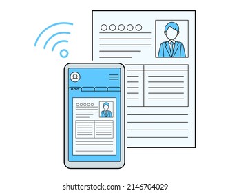 Illustration of creating and submitting a resume online. Conceptual design for digitized recruiting.