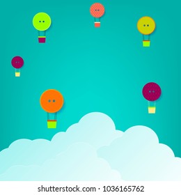 Illustration for creative background. Buttons made hot air balloon in the sky and origami clouds.