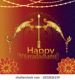 illustration of  creative bow and arrow in Happy Dussehra with Hindi text of Dussehra or vijayadashami.