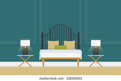 Illustration of creative classic bedroom with wrought-iron double bed,  bedstead, lamp. Lounge concept interior with modern furniture . Flat design, minimalist style. Vector - 10 EPS, design elements 