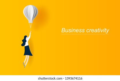 illustration of creative concept idea with business woman flying with white balloon. Symbol of innovation. Graphic design paper cut and art style for card and Poster.yellow pastel color. Vector. EPS10