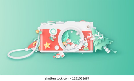 Illustration of creative design for Christmas with decorations inside compact camera lens. Graphic design for Christmas. Compact camera design for Christmas. paper cut and craft design. vector.