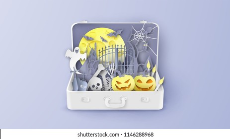 Illustration of creative design for Halloween inside suitcase. Open suitcase for Halloween travel in Autumn. Graphic design for Halloween. paper cut and craft style. vector, illustration.