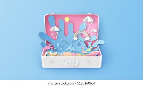 Illustration of creative design sea view inside suitcase. Open suitcase for sea travel in summer. Graphic design for summer. paper cut and craft style. vector, illustration.