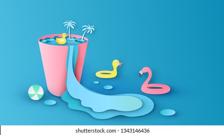 Illustration of creative design sea view inside glass of water with the sea wave splash out of the glass of water. Graphic design for summer. paper cut and craft style. vector, illustration.