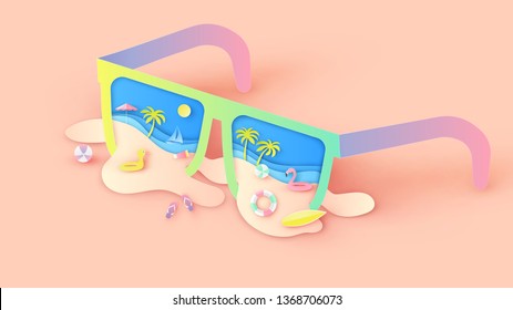 Illustration of creative design sea view inside sunglasses with beach equipment and sand beach splash out. Graphic design for summer. paper cut and craft style. vector, illustration.