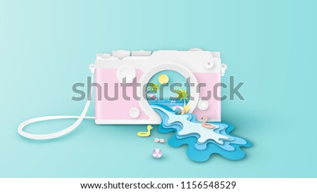 Illustration of creative design sea view inside compact camera lens with the sea waves splash out of the compact camera lens. Graphic design for summer. paper cut and craft style. vector,illustration.