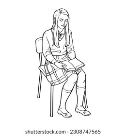 Illustration for creative development. Vector contour illustration of a female student sitting on a chair and reading a book. Outline picture for coloring. 