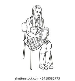 Illustration for creative development. Vector illustration of an English female student sitting on a chair with an old vintage book in her hands. Outline picture for coloring.