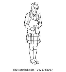 Illustration for creative development. Vector illustration of an English female student standing and holding a folder to her chest. Waiting girl. Outline picture for coloring.