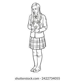 Illustration for creative development. Vector illustration of an English student standing and clutching an antique book to her chest. Pensive girl while thinking. Outline picture for coloring.