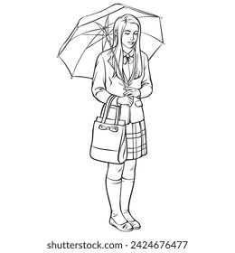 Illustration for creative development. Vector illustration of an English student girl with an umbrella and a handbag. Beautiful pensive girl Outline picture for coloring.