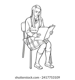 Illustration for creative development. Vector outline illustration of an English female student sitting on a chair and reading a magazine. Outline picture for coloring.