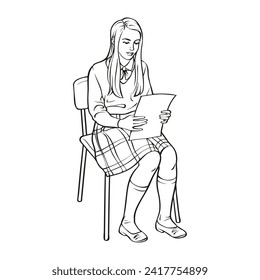 Illustration for creative development. Vector outline illustration of an English female student sitting on a chair with a file or paper sheet in her hands. Outline picture for coloring.