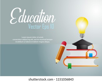 illustration of creative education with book symbols, hats, bulbs
