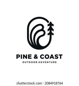 Illustration creative idea nature pine tree and coast waves with simple line art style for outdoor sign adventure logo design premium vector