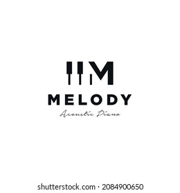 Illustration creative idea simple piano with initial letter m for instruments acoustic melody logo design premium vector