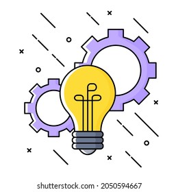 Illustration of creative ideas with light bulb and gears icon. Vector illustration.
