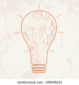 Illustration of a creative light bulb with different science related elements on grungy background.
