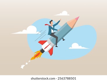 An illustration of creative man riding pencil rocket flying in the sky. Pencil rocket as education, creativity or fun idea, launch new project or business improvement concept