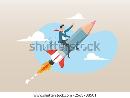 An illustration of creative man riding pencil rocket flying in the sky. Pencil rocket as education, creativity or fun idea, launch new project or business improvement concept