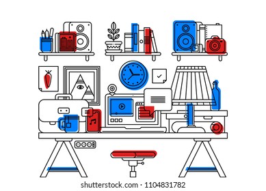 Illustration of creative office workspace interior in outline flat style on white background. Laptop, bookshelves, simple wooden table, lamp with shade, boxes and office stuff