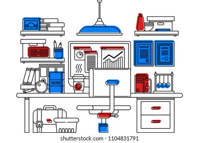 Illustration of creative office workspace interior in outline flat style on white background. Desktop computer, wooden table, trash bin, office tools, bookshelves