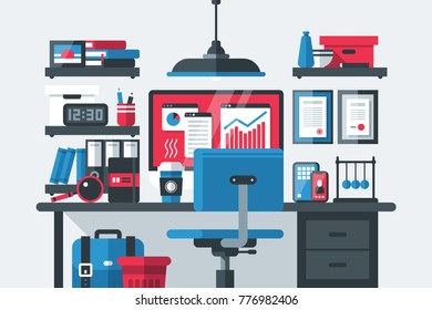 Illustration of creative office workspace interior in flat design style on gray background. Desktop computer, wooden table, trash bin, office tools, bookshelves