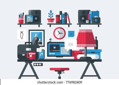Illustration of creative office workspace interior in flat design style on gray background. Laptop, bookshelves, simple wooden table, lamp with shade, boxes and office stuff