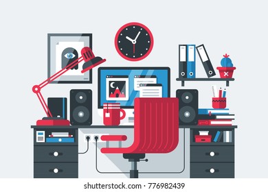 Illustration of creative office workspace interior in flat design style on gray background. Desktop computer, wooden table, chair, clock, books etc.