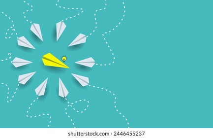 illustration of creative paper airplanes on a blue background, gathering to find a solution or clue, innovative, discussion, problem solving. copy space.