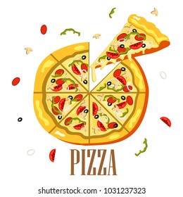 Illustration of creative pizzas and ingredients around. Icon of Italian pizza. A whole pizza and a slice of pizza for design advertising for the restaurant business.