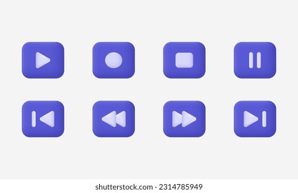 illustration creative play pause stop purple buttons music icon 3d vector modern isolated on background.3d design cartoon style. 