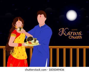 Ilustración del creativo diseño de afiches en el festival indio de karwa chauth con luna llena, fondo. y pareja de casados indios celebrando karwa chauth.
