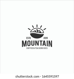 illustration Creative seed bean Coffee Shop logo design vector symbol graphic Restaurant Market Hot Breakfast label Tea Cup drink Farmer Classic Vintage retro Mountain Peak Symbol Silhouette Art sun