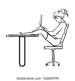 Illustration of creative thinking. Woman in co-working space. Line vector illustration.