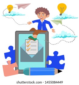 Illustration, creativity, people and brightness on the puzzle path that fly to success