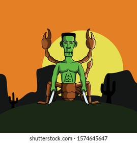 illustration of creature scorpion frankenstein with sword background desert and moon vector
