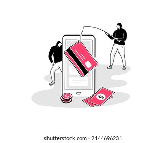 Illustration of credit card fraud symbol with a smartphone and two hackers. Easy to use for your website or presentation.