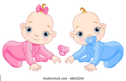 Illustration of creeping baby twins. You can easily add or remove the pacifier to each of them