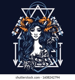 
Illustration Of A Creepy Beautiful Woman With A Sacred Geometry Background