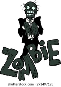 Illustration with the creepy funny cartoon walking zombie character