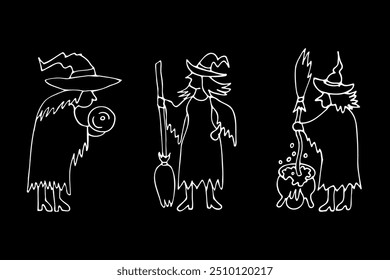 illustration of creepy Halloween pictures, hand-drawn witches in cartoon style.  white silhouettes on a black background.