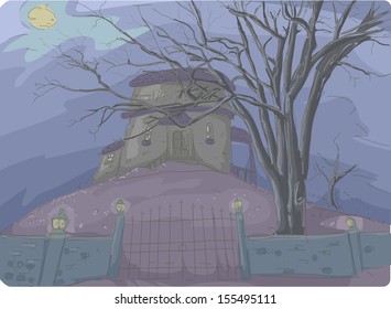 Illustration of a Creepy Haunted House Covered in Thick Mist and Framed by Dead Trees in the Background