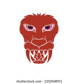 Illustration of a creepy lion head demon with bright red and sharp fangs